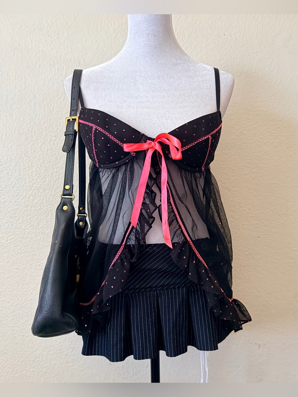 Y2K Victoria’s Secret mesh pink & black babydoll open top